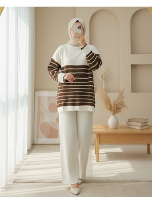 Modamorfo Yarım Boğazlı Çizgili Triko Takım -Kahve