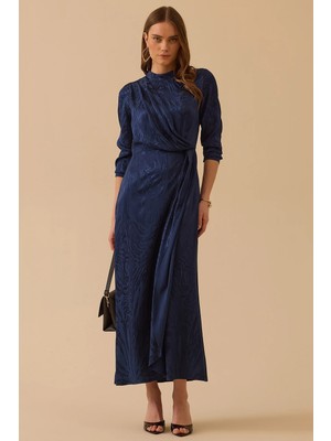 Seçil Kadın Desenli Parlak Dokulu Uzun Elbise 1016 Lacivert