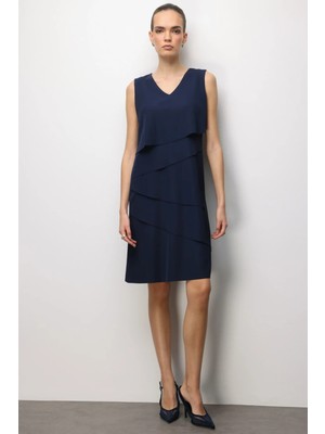 Ekol Kadın V Yaka Katlı Midi Elbise 6010 Lacivert