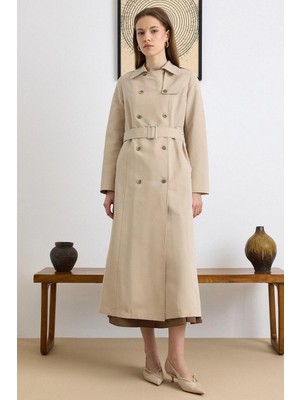 Olcay Pelerin Detaylı Su Itici Özellikli Astarsız Uzun Trençkot Taş 6829