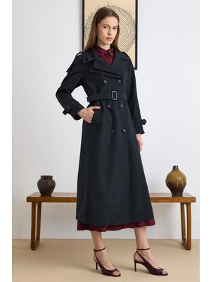 Olcay Çift Yaka Detaylı Su İtici Özellikli Astarsız Uzun Trençkot SİYAH 6832