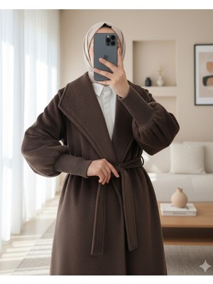 Moda Morfo Kolu Ribanalı Şal Yaka Astarlı Kaşe Kaban    -K. Kahve