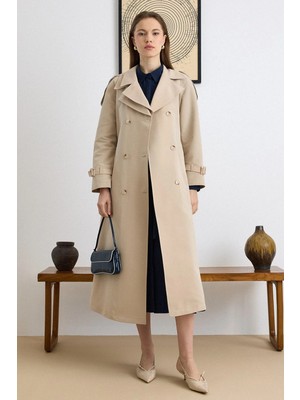 Olcay Çift Yaka Detaylı Su İtici Özellikli Astarsız Uzun Trençkot TAŞ 6832