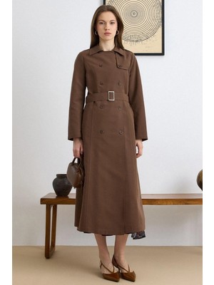 Olcay Pelerin Detaylı Su İtici Özellikli Astarsız Uzun Trençkot KAHVE 6829