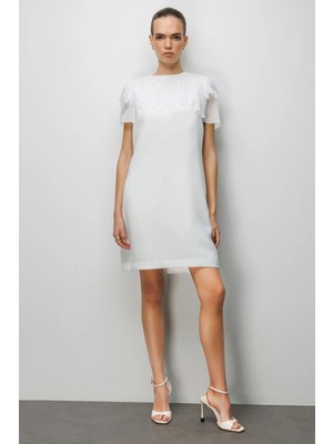 Ekol Kadın Yakası Taş Işlemeli Diz Üstü Elbise 6002 Ekru