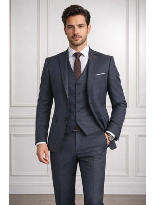 Fabio Cassel Slim Fit  Mono Yaka Çift Yırtmaçlı Astarlı Takım Elbise Yelekli