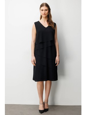 Ekol Kadın Büyük Beden Kolsuz Kat Kat Midi Elbise 6510 Siyah