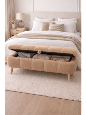 Own Home Sara Sandıklı Puf Bench, Teddy Kumaş Kaplamalı Ahşap Ayaklı Modern Bench Puf