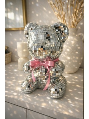 Salish Aynalı Disko Top Ayıcık Dekoratif Biblo – Kurdele Renk Seçenekli  – Doğum Günü, Hediye, Özel Tasarım