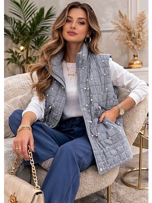 Zg Fashion Kadınkapitone Taşlı Dikyaka Fermuarlı Çift Cepli Yelek