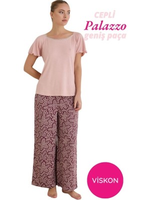 Seamlife Kadın Pembe Yıldız Desenli Geniş Dantel Yaka Viskon Kısa Kol Palazzo Dokuma Cepli Geniş Paça Alt Homewear