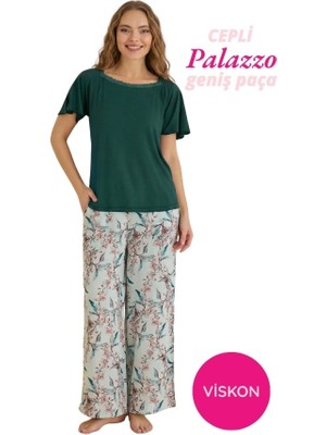 Seamlife Kadın Yeşil Çiçek Desenli Geniş Dantel Yaka Viskon Kısa Kol Palazzo Dokuma Cepli Geniş Paça Alt Homewear