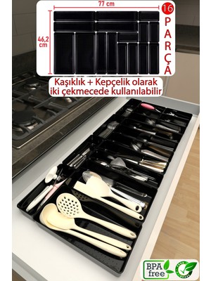 Feyza Design Parlak Siyah 16'lı Modüler Çekmece Içi Kaşıklık Organizer Seti
