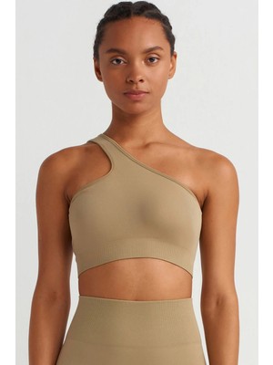 COMEUP Tek Omuzlu Sırtı Ipli Sporcu Sütyeni Toprak Yeşili