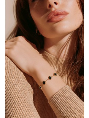 Kadın Altın Renkli Paslanmaz Çelik 5’li Siyah Yonca Şans Bilekliği