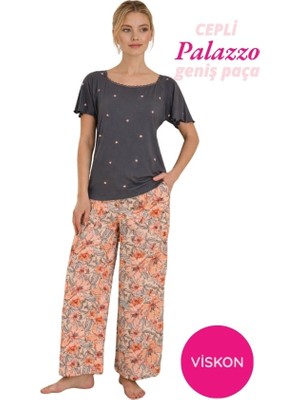 Seamlife Kadın Geniş Dantel Detay Yaka Viskon Kısa Kollu Palazzo Dokuma Cepli Alt-Geniş Paça Cepli Homewear