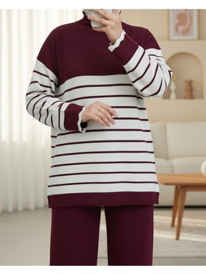 Moda Morfo Yarım Boğazlı Çizgili Triko Takım -Bordo