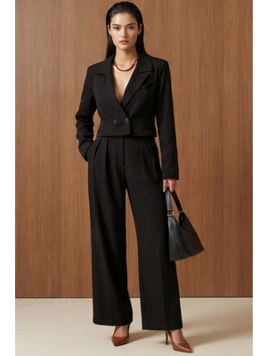 Hiccup Kadın My Fashıon Düğmeli Ceket ve Pileli Pantolon Ikili Takım Siyah