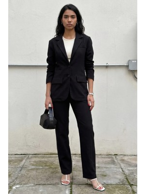 Hiccup Kadın My Fashıon Düğmeli Ceket Yaka Iki Parçalı Takım Siyah