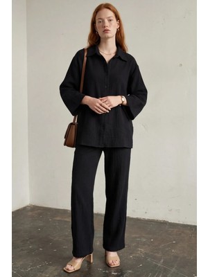 Hiccup Kadın My Fashıon Müslin Kumaş Gömlek ve Pantolon Ikili Takım Siyah