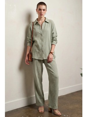 Hiccup Kadın My Fashıon Müslin Kumaş Gömlek ve Pantolon Ikili Takım Adaçayı Yeşili