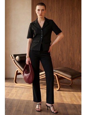 Hiccup Kadın My Fashıon Düğmeli Kısa Kollu Ceket ve Pantolon Ikili Takım Siyah