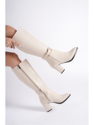 M&B COLLECT Kadın Paris Krem Tokalı Detaylı Yandan Fermuarlı Diz Altı Cizme 410