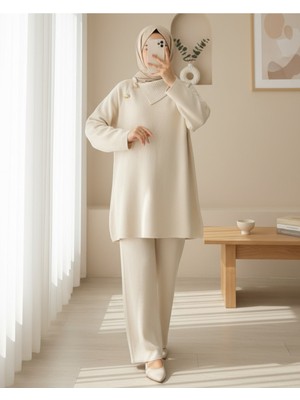 Modamorfo Yakası Çapraz Düğmeli Yarım Boğazlı Triko Takım -Ekru