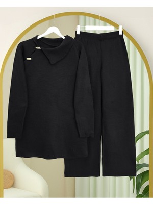 Moda Morfo Yakası Çapraz Düğmeli Yarım Boğazlı Triko Takım -Siyah