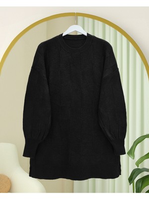 Modamorfo Yuvarlak Yaka Salaş Desenli Triko Kazak -Siyah