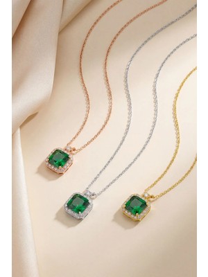 Evas Jewellery 925 Ayar Gümüş Prenses Kesim Zümrüt Kolye – Zirkon Taşlı – 14 Ayar Altın & Rose Kaplama