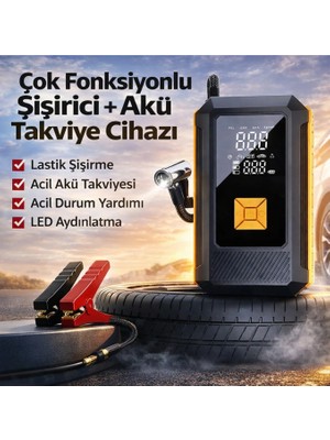 Suitu 16000 Mah Çok Fonksiyonlu Akü Takviye Cihazı ve Lastik Şişirme Pompası Dijital Ekranlı LED Işıklı