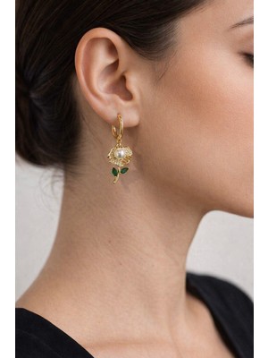 Markam Bujiteri Gold Yeşil Yapraklı Çiçek Küpe