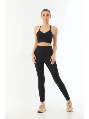 Liyuza Siyah Mı Emay 3921 Soft Seamless Ripli Tayt Yoga Takımı