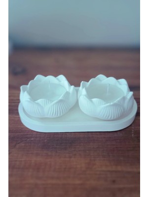 Bernami Pinterest Ikili Lotus Mum Seti – Kokusuz Dumansız Taş Tozu Tasarım (Tabak Dahil)