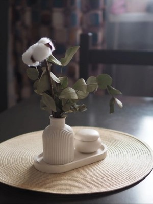 Bernami Pinterest Dekoratif Tepsi Iskandinav Vazo ve Kapaklı Minik Yuvarlak Kutu Beton Set