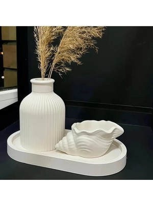 Bernami Pinterest Dekoratif 3 Parça Vazo Seti Oval Tepsi ,pampas Vazo ve Deniz Kabuğu Şamdan Mumluk Seti Biblo