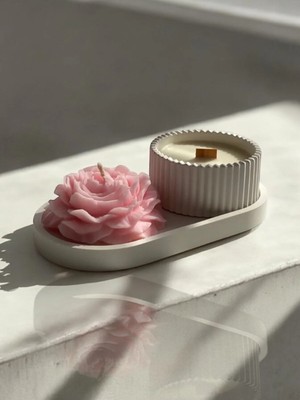 Bernami Pinterest Dekoratif Oval Tabak & Şakayık Mum & Beton Çizgili Mumluk Set