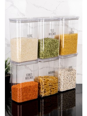 Feyza Design 6'lı 3000 ml Vakum Kapaklı Bakliyat Saklama Kutusu ve Şeffaf Etiket Seti