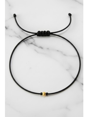 BymissMücevherat 925 Ayar Gümüş Bileklik | Gold Renk Dorika Taş Cinsi ile Siyah İpli Tasarım