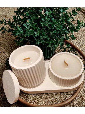 Bernami Pinterest Dekoratif Tabakta 2'li Set, Kokulu Ahşap Fitilli Kapaklı ve Kapaksız Mum