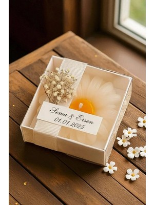 Bernami Pinterest 8’ Li Beyaz Kraft Kutulu Papatya Mum Seti– Kurdele ve Etiket Detaylı, Düğün, Nişan, Kına