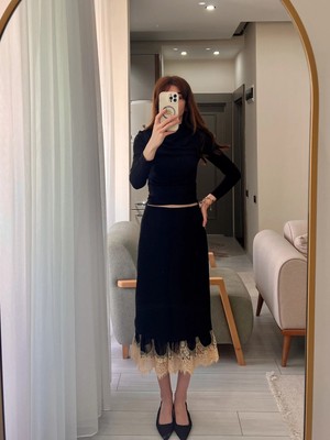 Butik Siyah Dantel Detaylı Kalem Etek %100 Pamuk