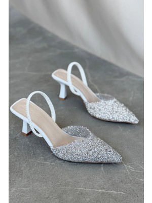 Kadın Monezza Topuklu Cam Kırığı Taşlı Ayakkabı - Beyaz