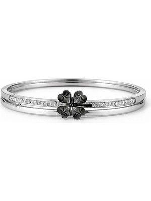 Asmentum 316L Paslanmaz Çelik Yonca Detaylı Taşlı Kelepçe Bileklik