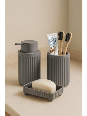 Lines Serisi Gri Banyo Seti, 3 Parça Oval Akrilik Sabunluk Fırçalık ve Sıvı Sabunluk Takımı - 3319