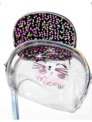 Özgürce Kedi Temalı 2'li Kadın Makyaj Çantası Seti, El Askısı ve Fermuarlı