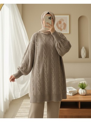 Modamorfo Saç Örgü Desen Yumoş Triko Kazak -Toprak