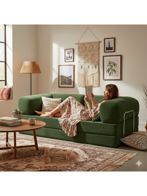 Matta 90X180 Modern Fitilli Kadife Kanepe| Yatak Olabilen, Dayanıklı Orta Sert Sünger, Yıkanabilir Kılıf