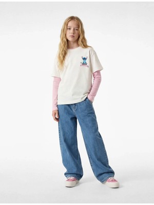 Koton Stitch Baskılı Lisanslı Ekru Kız Çocuk T-Shirt 6SKG10325AK